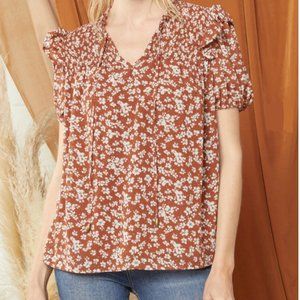Rust Floral Short Sleeve V-neck Tie Blouse Top with Ruffles